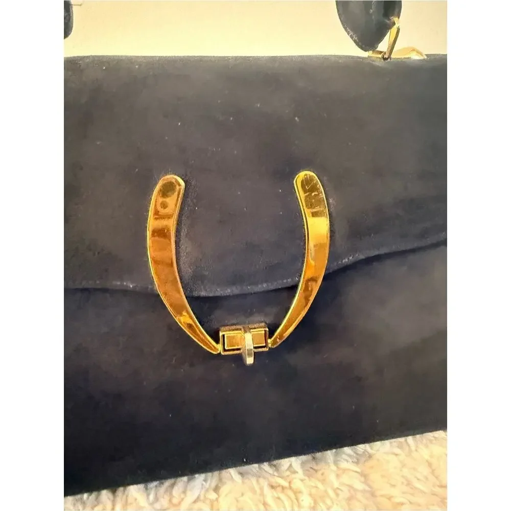 Vintage Saks Fifth Ave Classic Dark Blue Suede Top-Handle Bag with Gold Hardware